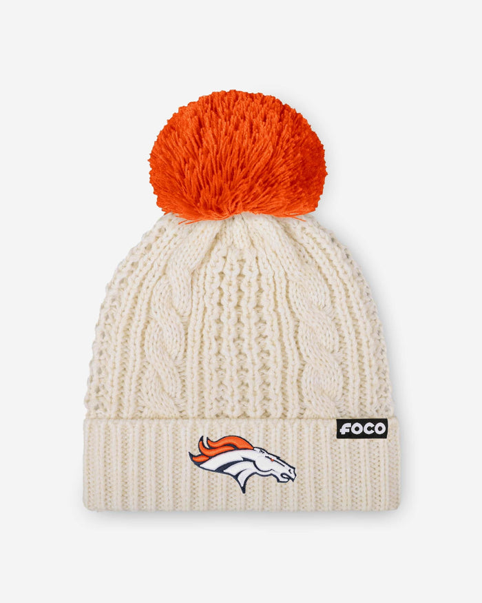 Denver Broncos Womens Primary Logo White Cable Knit Pom Beanie FOCO - FOCO.com