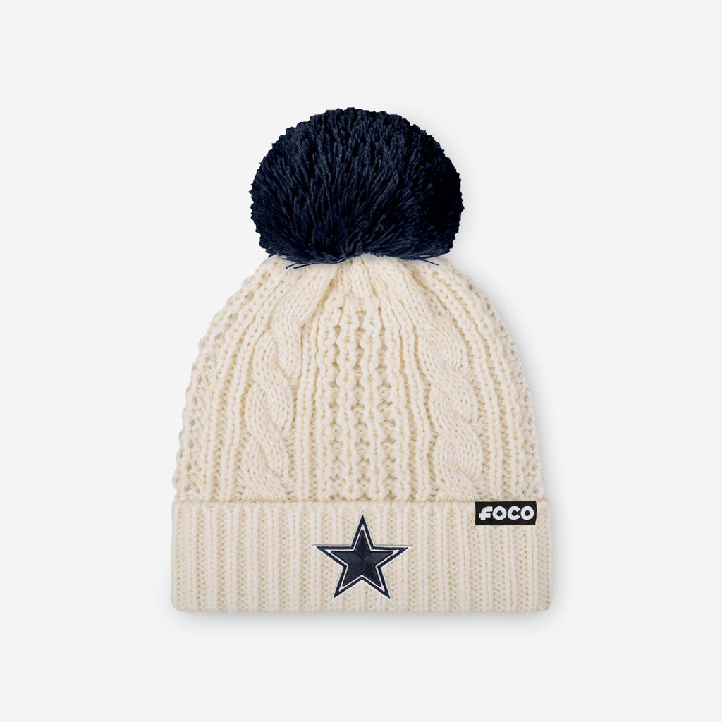 Dallas Cowboys Womens Primary Logo White Cable Knit Pom Beanie FOCO - FOCO.com