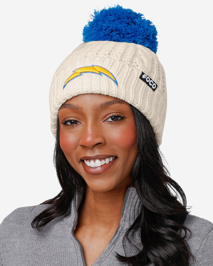 Los Angeles Chargers Womens Primary Logo White Cable Knit Pom Beanie FOCO - FOCO.com