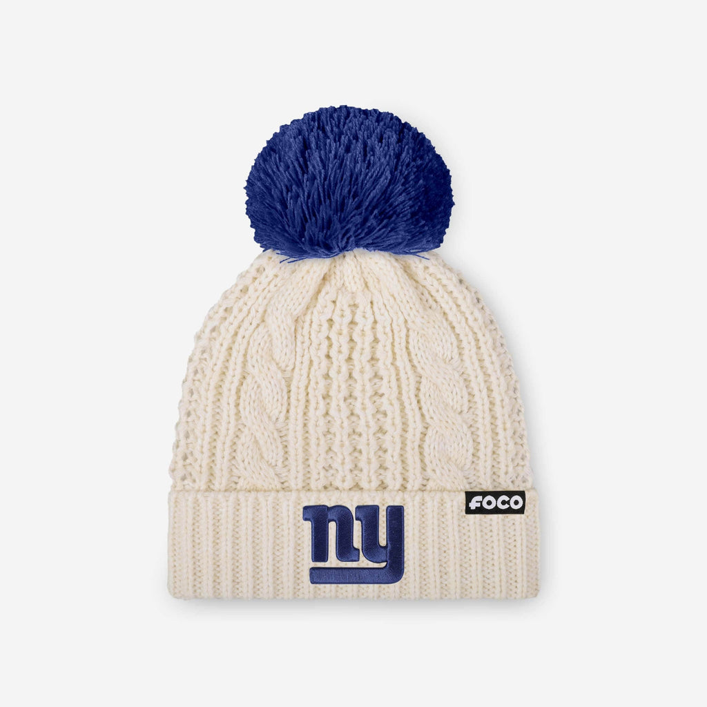 New York Giants Womens Primary Logo White Cable Knit Pom Beanie FOCO - FOCO.com