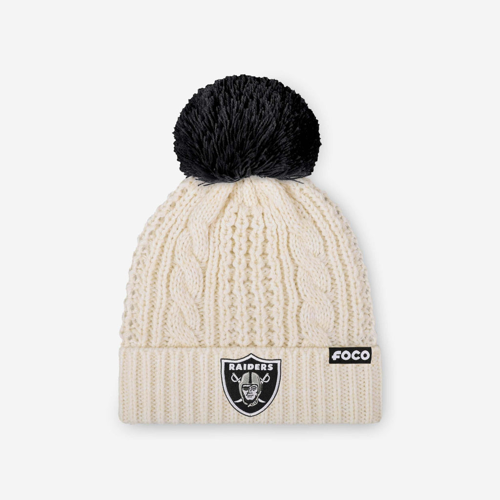 Las Vegas Raiders Womens Primary Logo White Cable Knit Pom Beanie FOCO - FOCO.com