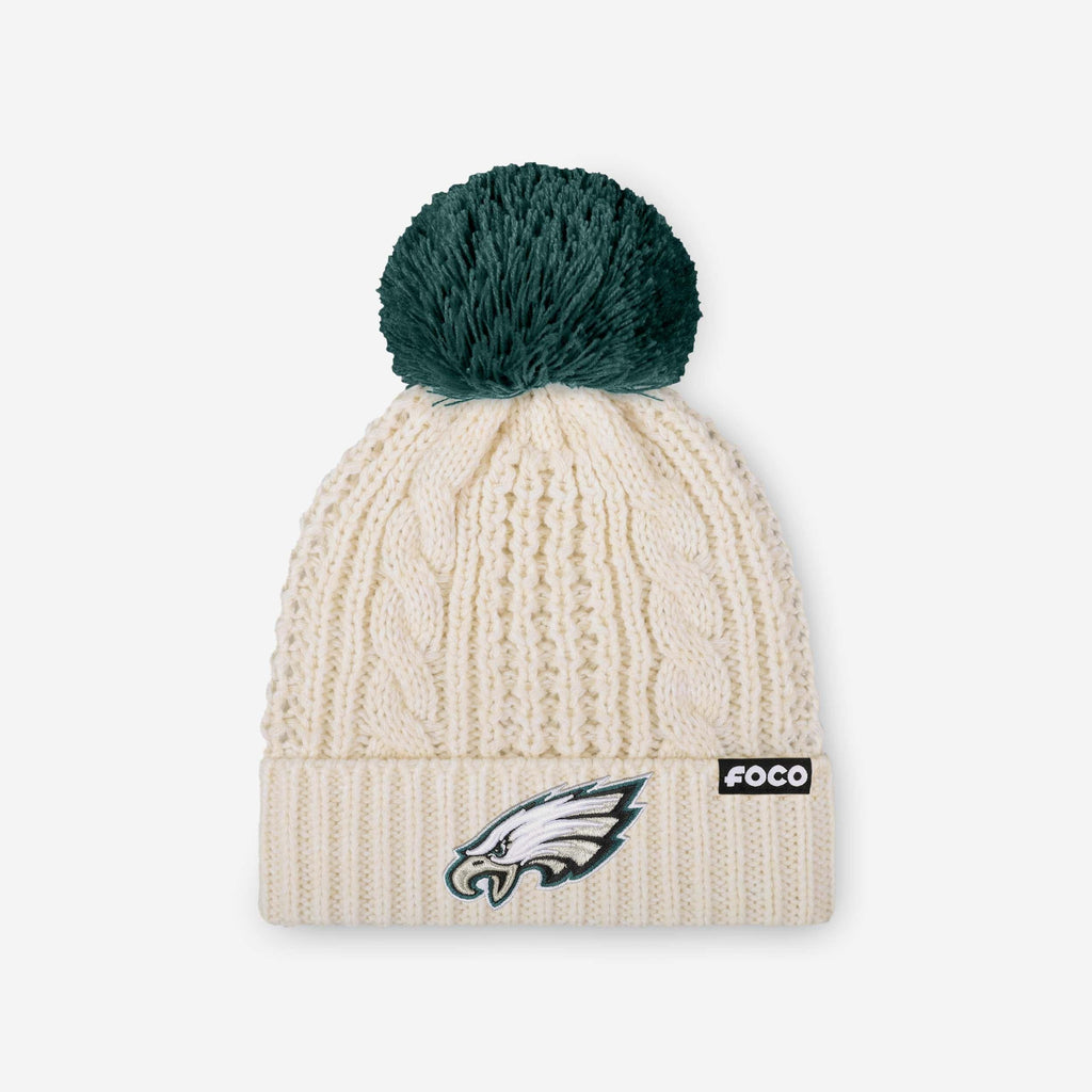 Philadelphia Eagles Womens Primary Logo White Cable Knit Pom Beanie FOCO - FOCO.com