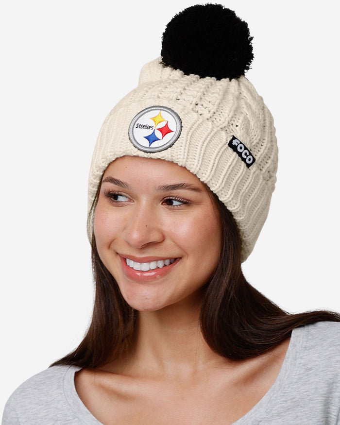 Pittsburgh Steelers Womens Primary Logo White Cable Knit Pom Beanie FOCO - FOCO.com