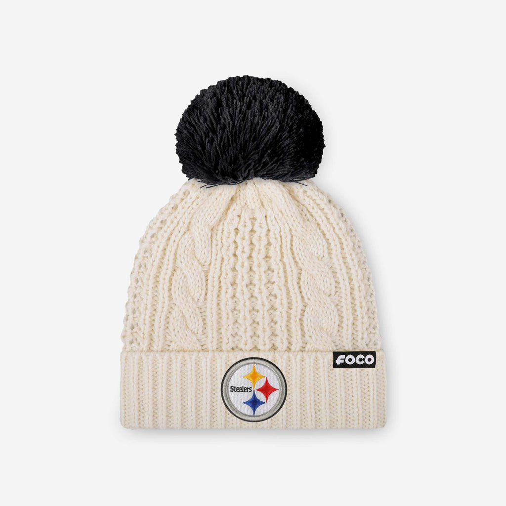 Pittsburgh Steelers Womens Primary Logo White Cable Knit Pom Beanie FOCO - FOCO.com