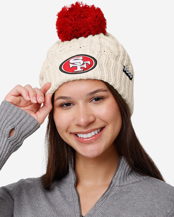 San Francisco 49ers Womens Primary Logo White Cable Knit Pom Beanie FOCO - FOCO.com