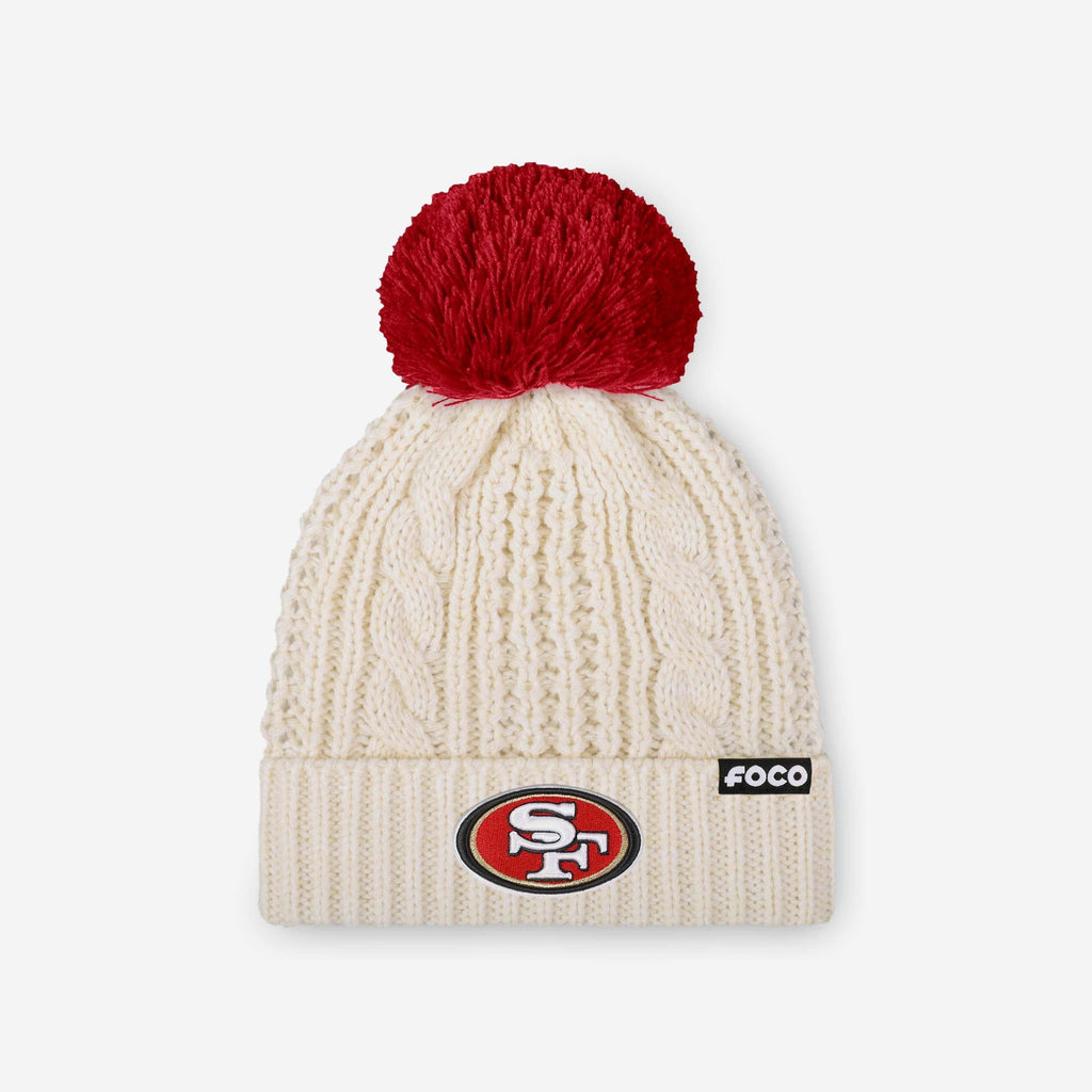 San Francisco 49ers Womens Primary Logo White Cable Knit Pom Beanie FOCO - FOCO.com