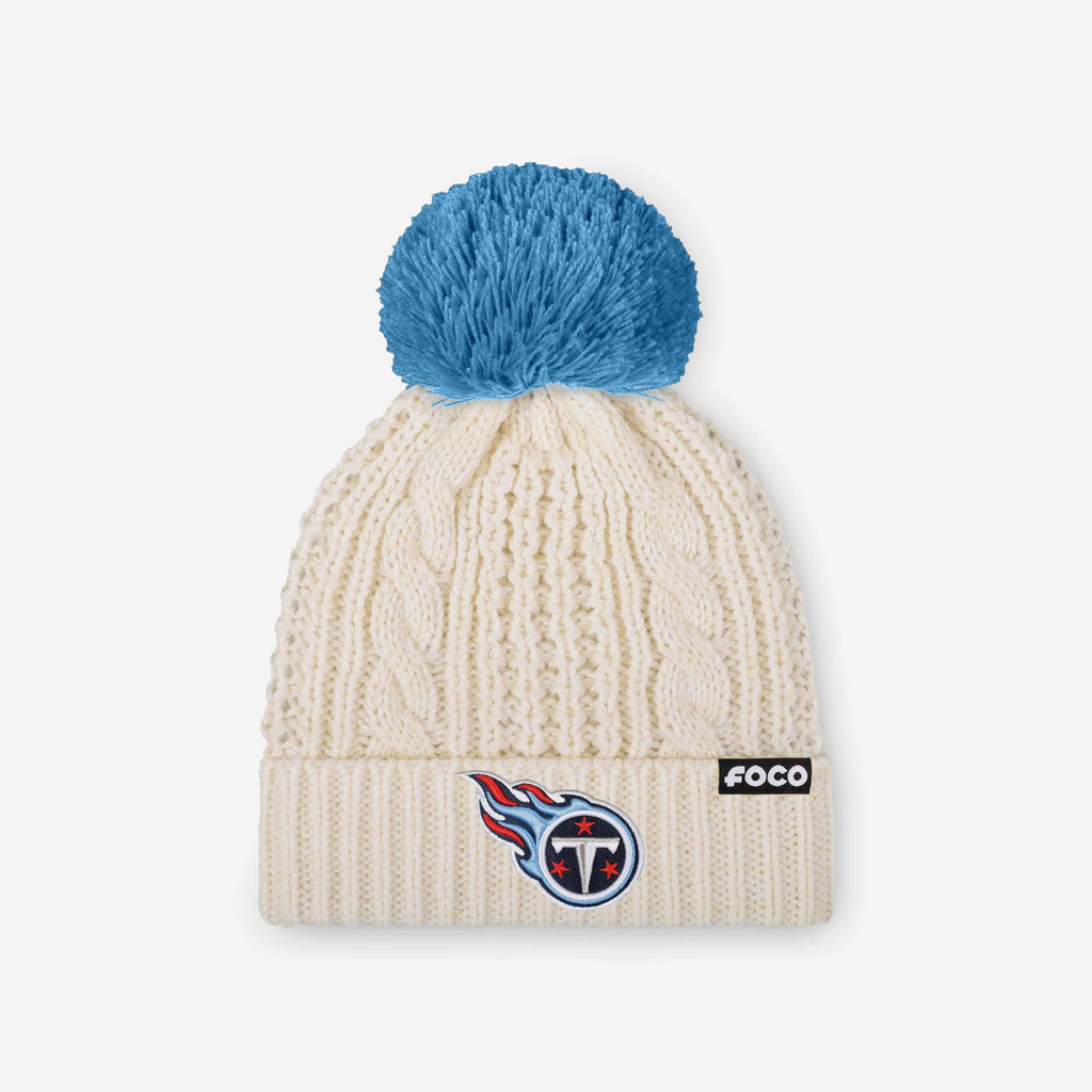 Tennessee Titans Womens Primary Logo White Cable Knit Pom Beanie FOCO - FOCO.com