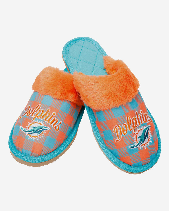 Miami Dolphins Womens Plaid Sherpa Mule Slipper FOCO - FOCO.com