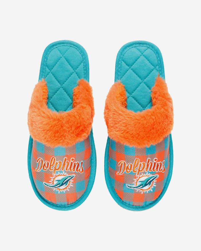 Miami Dolphins Womens Plaid Sherpa Mule Slipper FOCO - FOCO.com