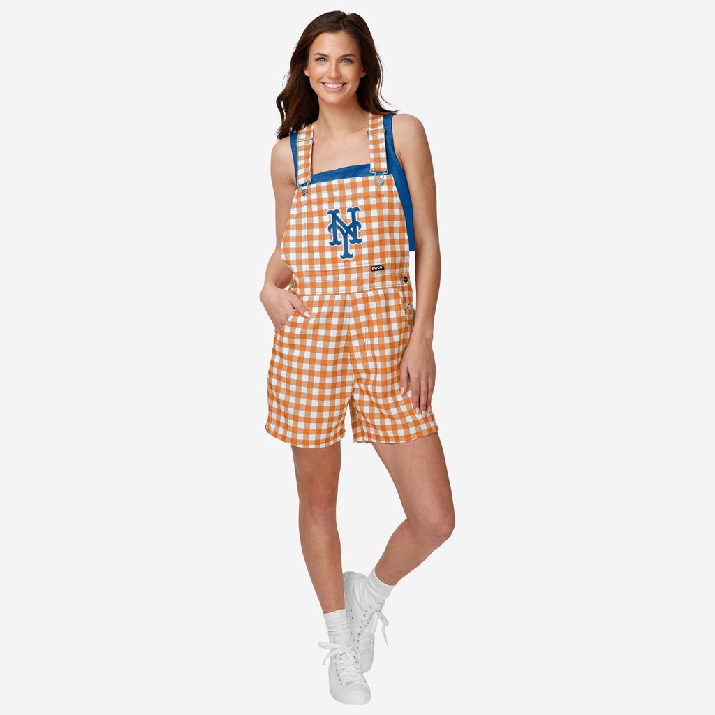 New York Mets Womens Gingham Check Bib Shortalls FOCO XS - FOCO.com