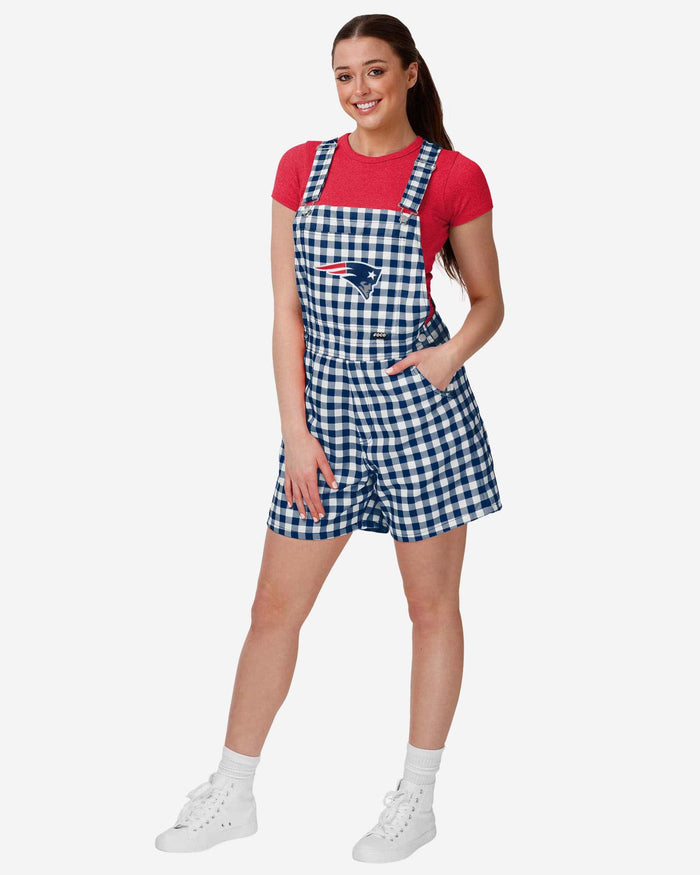 New England Patriots Womens Gingham Check Bib Shortalls FOCO XS - FOCO.com