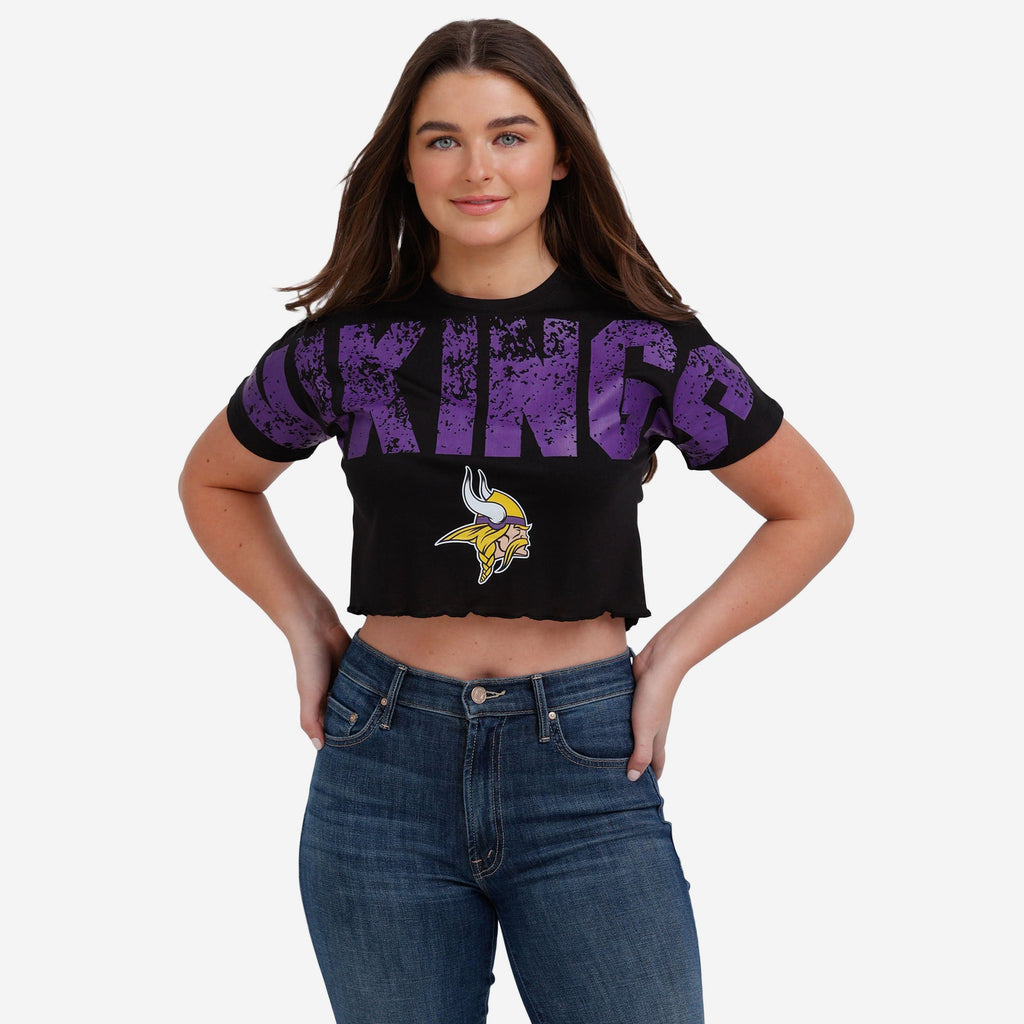 Minnesota Vikings Womens Distressed Wordmark Crop Top FOCO S - FOCO.com