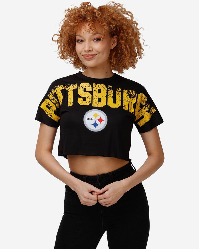 Pittsburgh Steelers Womens Distressed Wordmark Crop Top FOCO S - FOCO.com