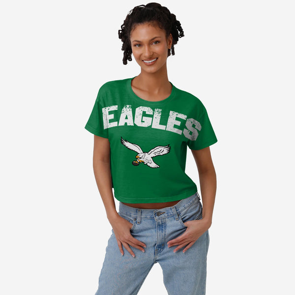 FOCO Philadelphia Eagles Kelly Green Womens Distressed Wordmark Crop Top, Size: S