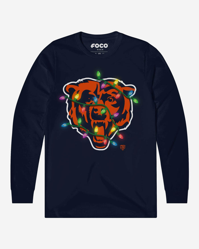 Chicago Bears Primary Logo Holiday Lights Long Sleeve T-Shirt FOCO Navy S - FOCO.com