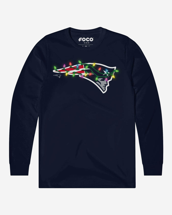 New England Patriots Primary Logo Holiday Lights Long Sleeve T-Shirt FOCO Navy S - FOCO.com