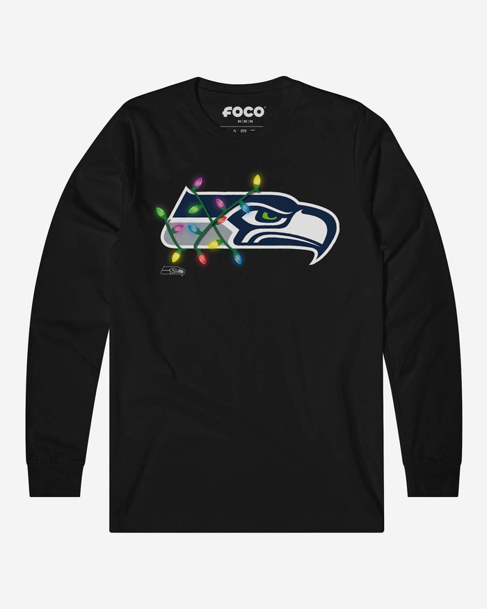 Seattle Seahawks Primary Logo Holiday Lights Long Sleeve T-Shirt FOCO Black S - FOCO.com