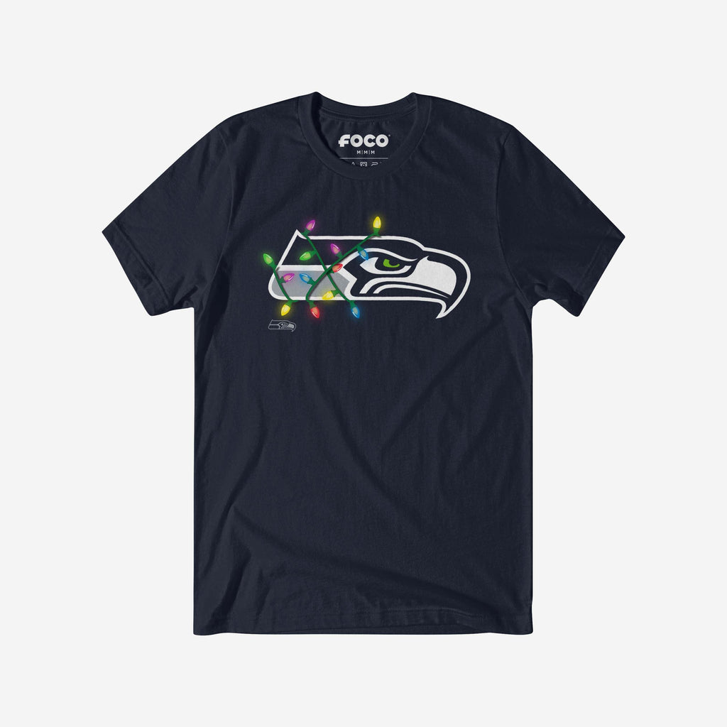 Seattle Seahawks Primary Logo Holiday Lights T-Shirt FOCO Navy S - FOCO.com