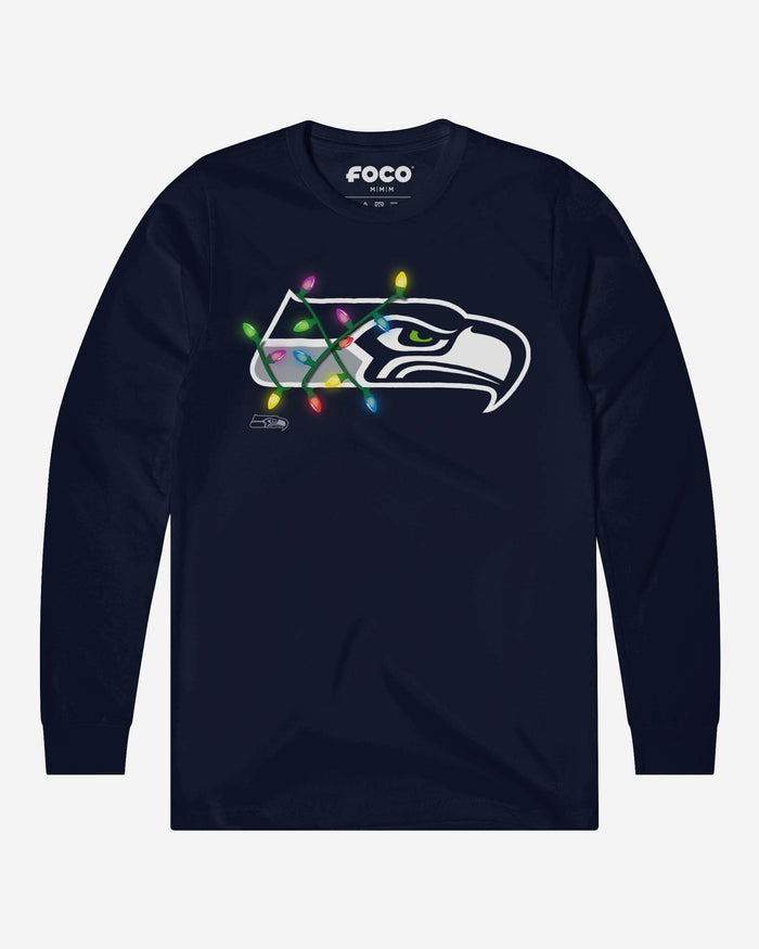 Seattle Seahawks Primary Logo Holiday Lights Long Sleeve T-Shirt FOCO Navy S - FOCO.com