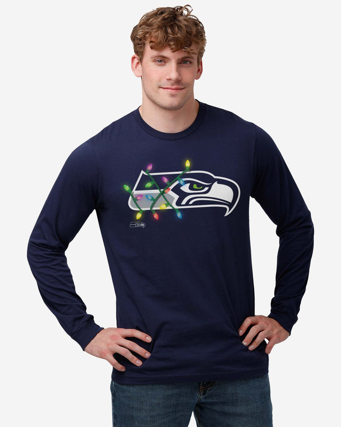 Seattle Seahawks Primary Logo Holiday Lights Long Sleeve T-Shirt FOCO - FOCO.com