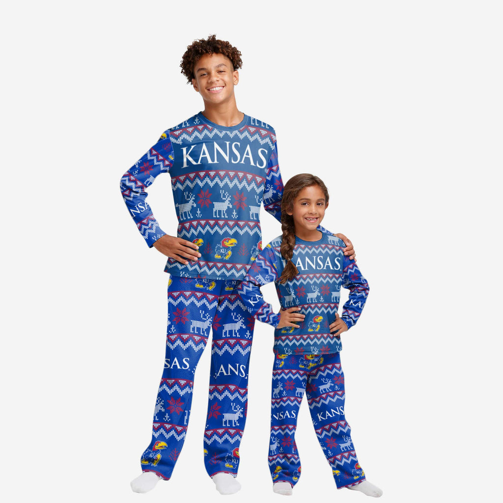 Kansas Jayhawks Youth Ugly Pattern Family Holiday Pajamas FOCO 4 - FOCO.com