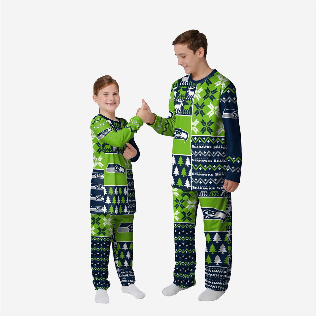 Seattle Seahawks Youth Busy Block Family Holiday Pajamas FOCO 4 - FOCO.com