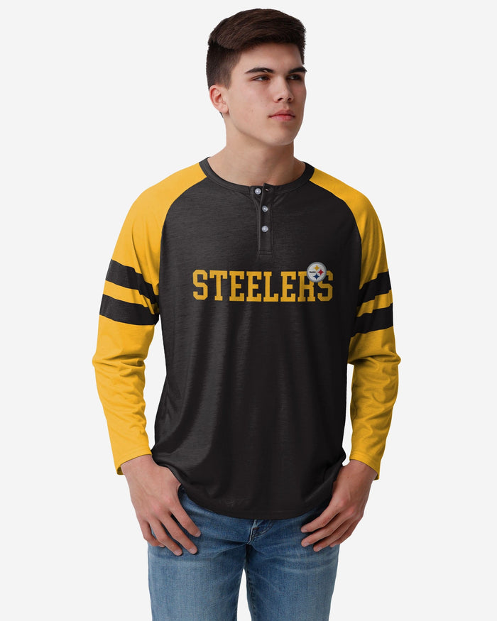 FOCO Pittsburgh Steelers NFL Mens Team Stripe Wordmark Long Sleeve Henley