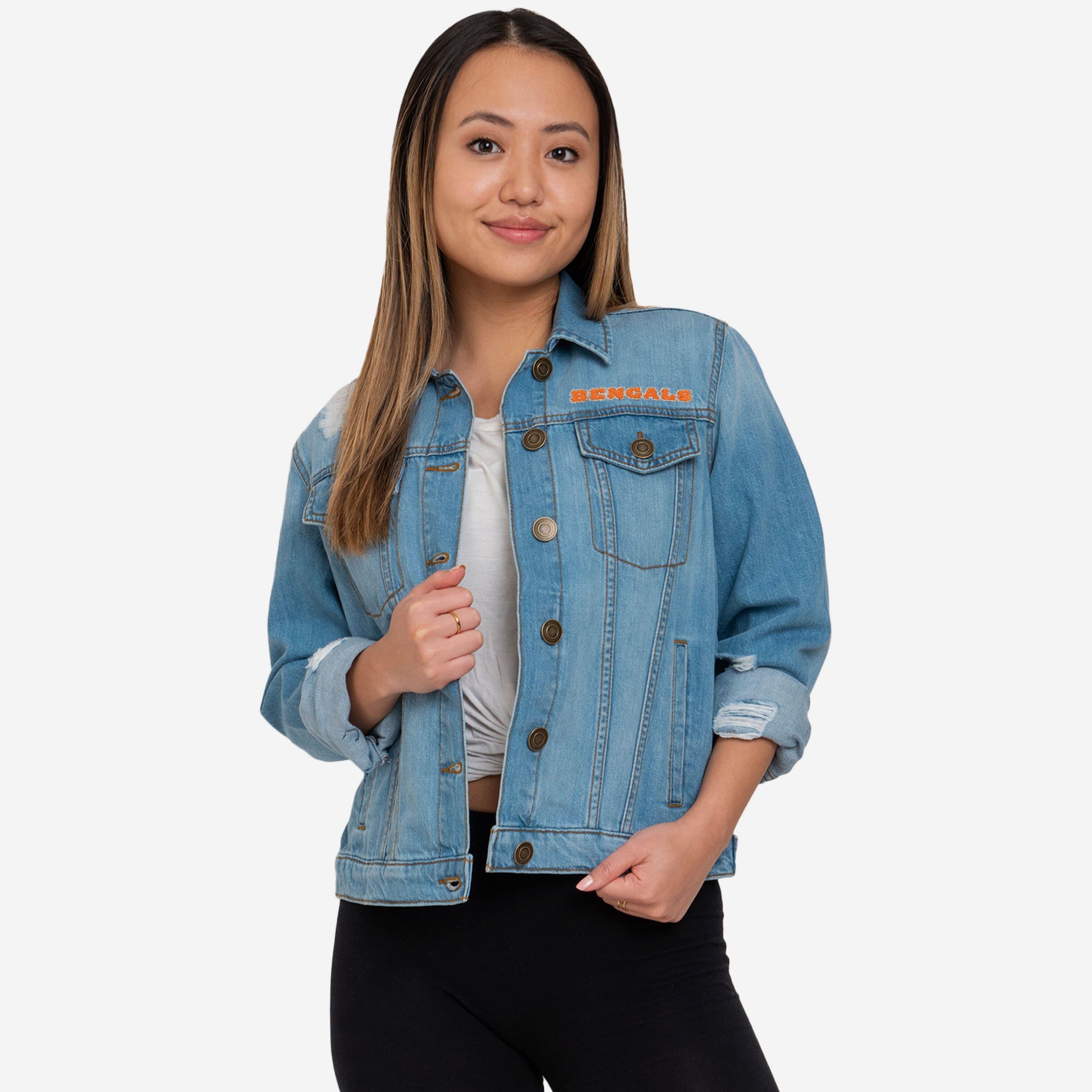 Officially Licensed NFL Women's First Finish Denim Jacket by Glll - Bengals