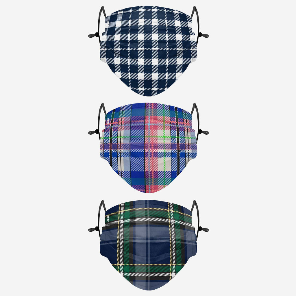 Blue Plaid Adjustable 3 Pack Face Cover FOCO - FOCO.com