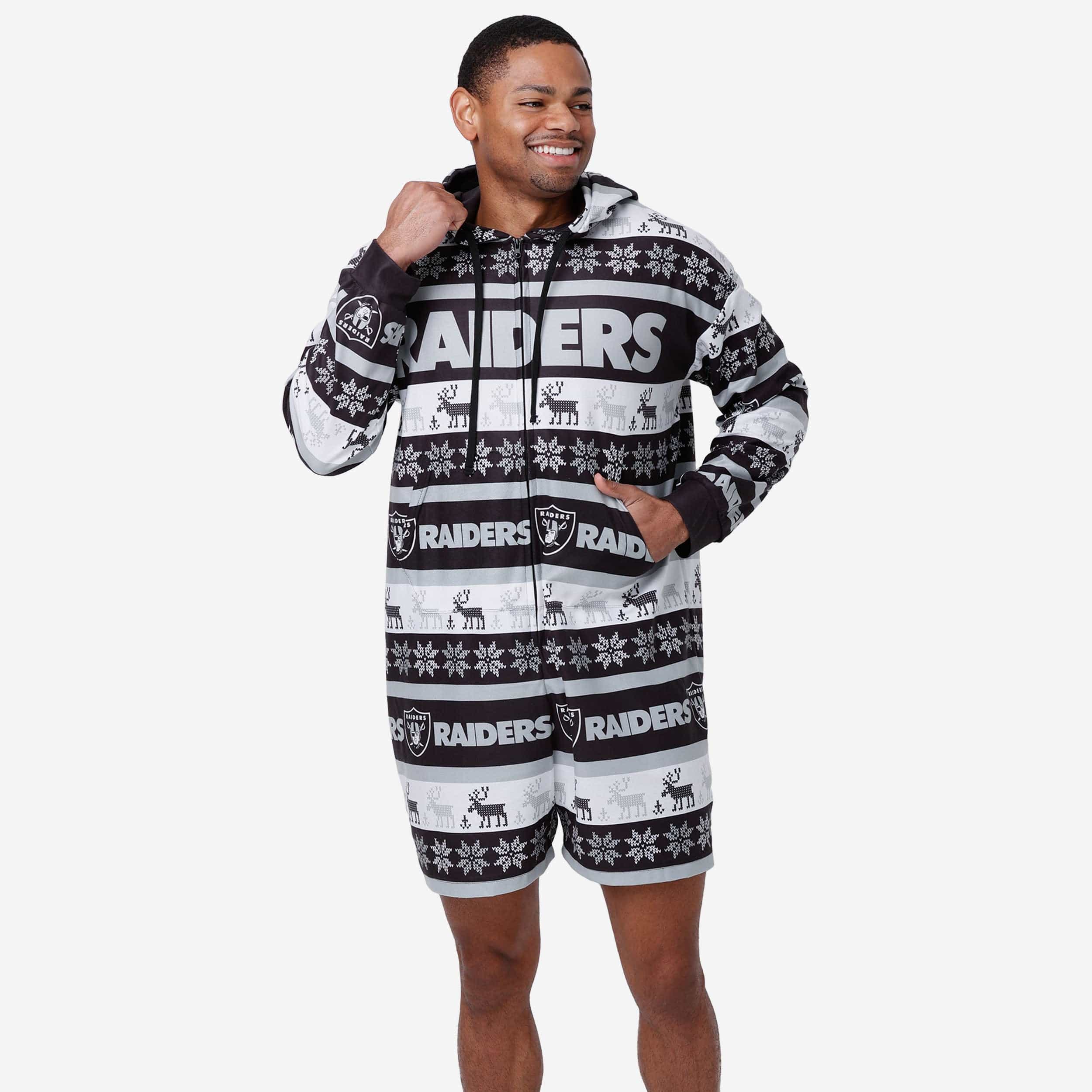 FOCO Las Vegas Raiders NFL Ugly Pattern One Piece Pajamas - L – Ugly  Christmas Sweater Party