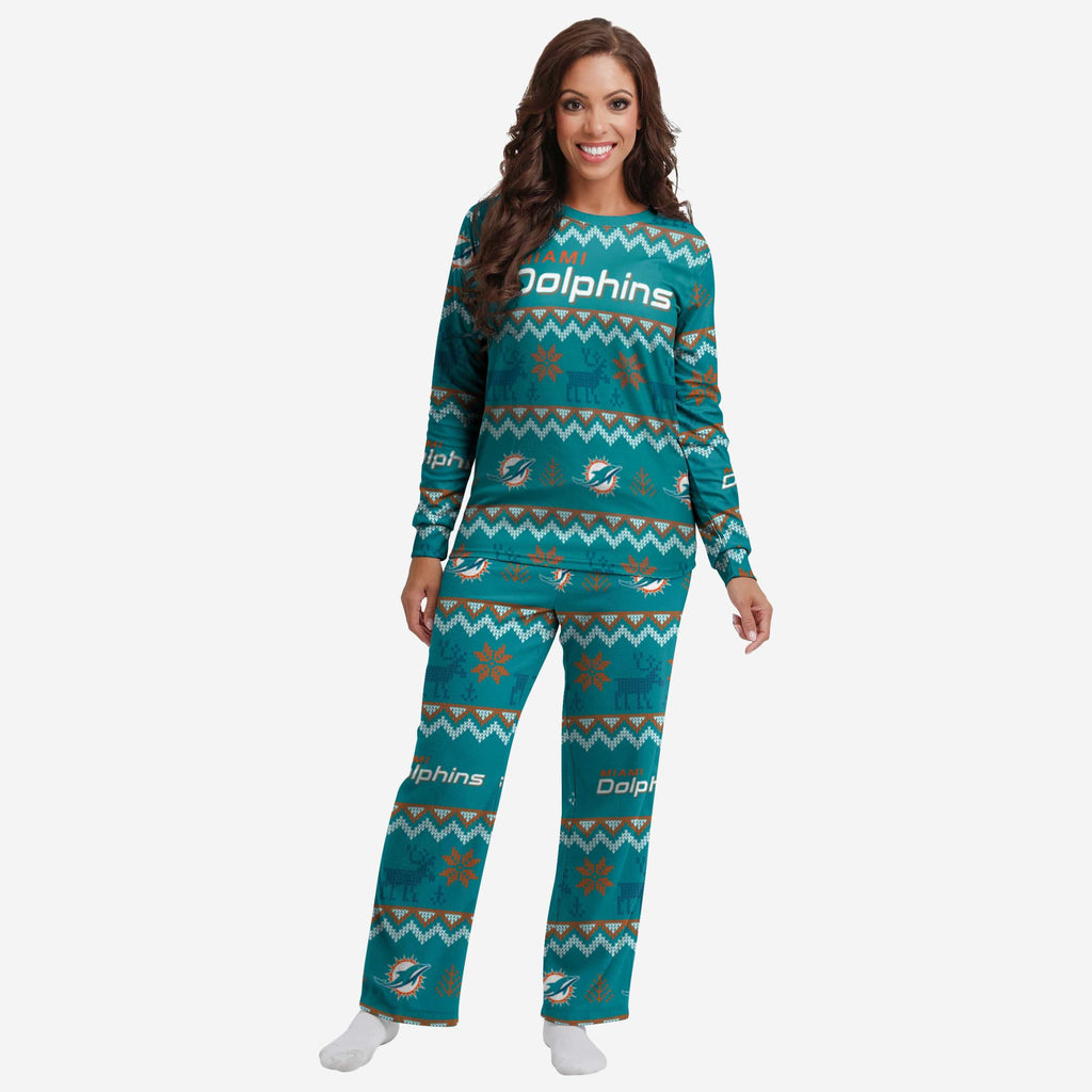 Miami Dolphins Womens Ugly Pattern Family Holiday Pajamas FOCO S - FOCO.com