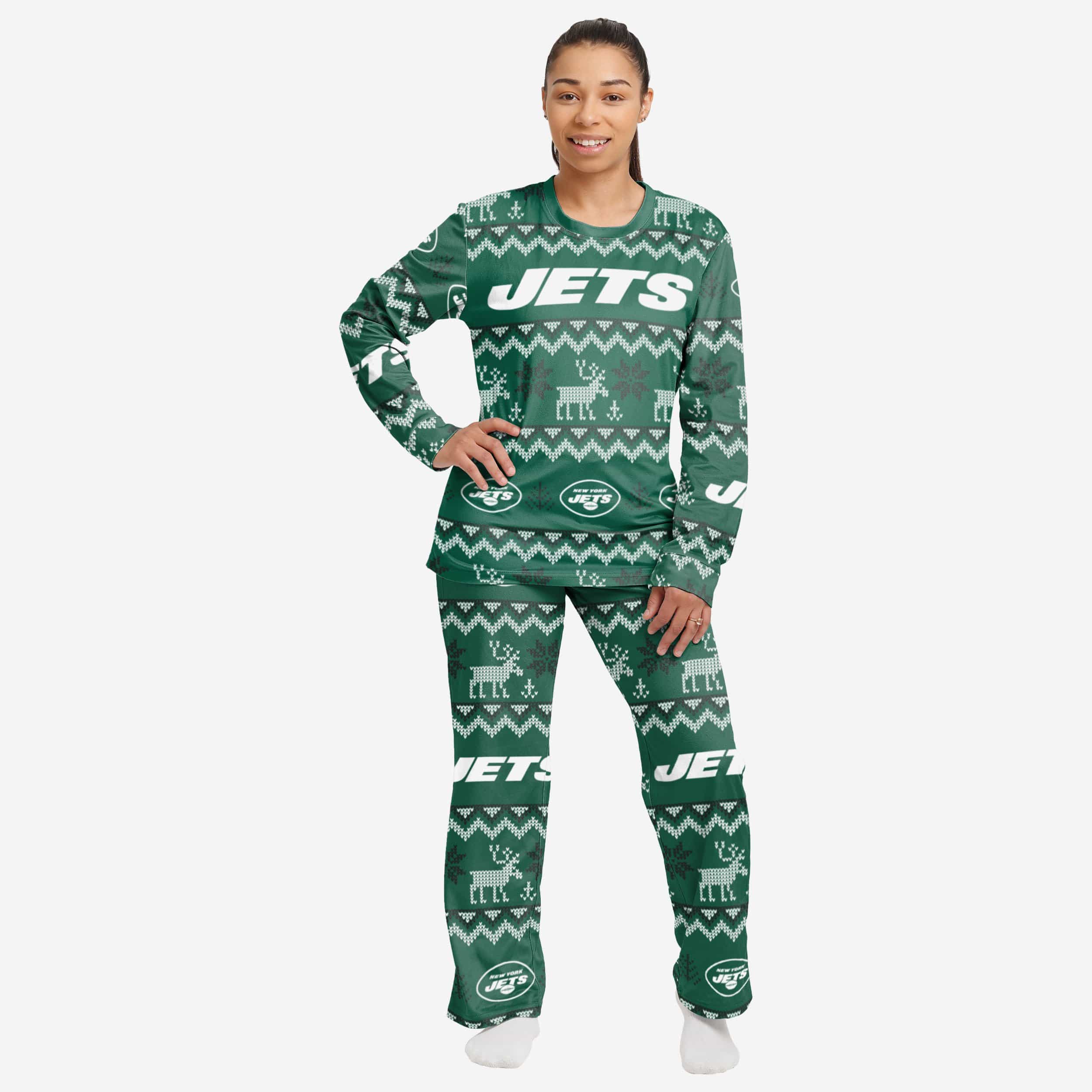 New York Jets Womens Ugly Pattern Family Holiday Pajamas FOCO