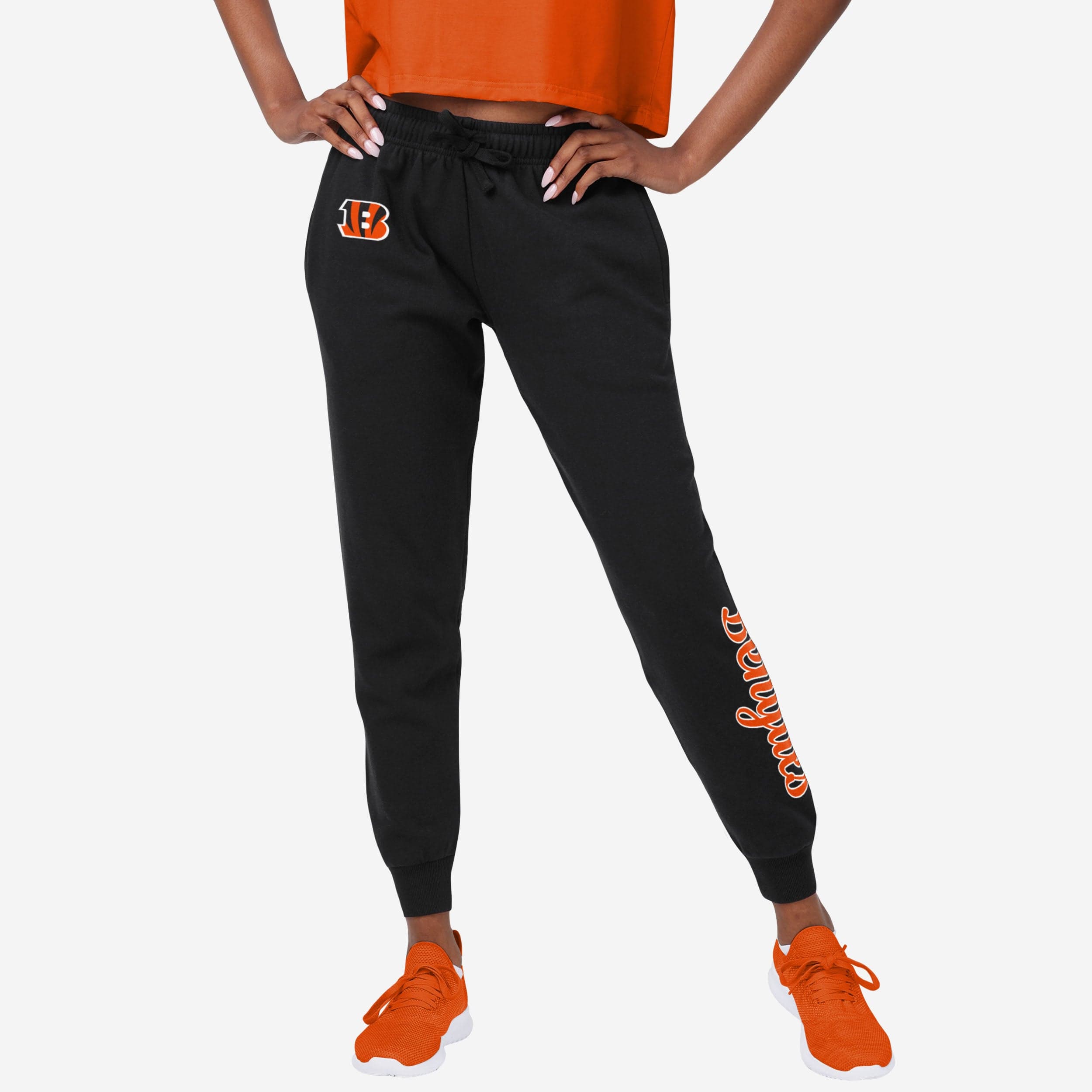 Buffalo Bengals Logo on Thigh and Waistband Black & Orange Womens Yoga