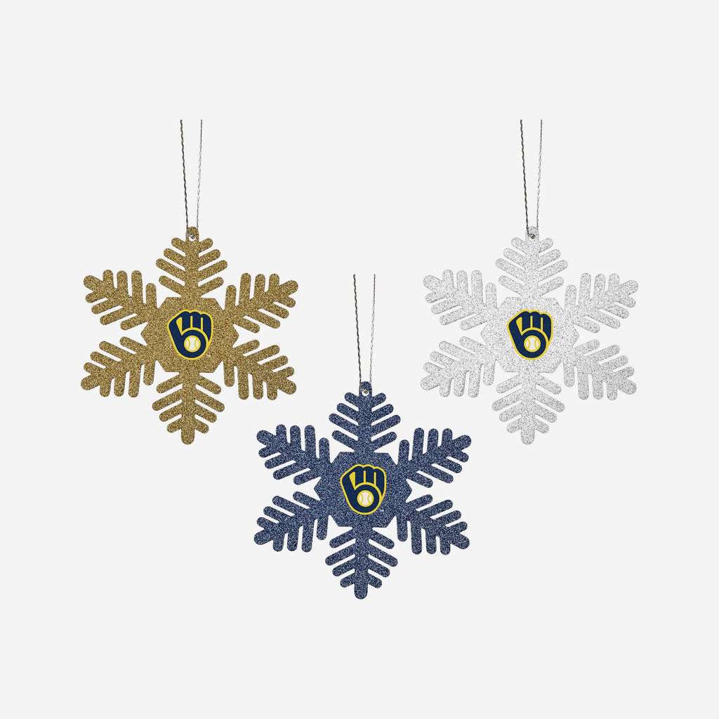 Milwaukee Brewers 3 Pack Metal Glitter Snowflake Ornament FOCO - FOCO.com