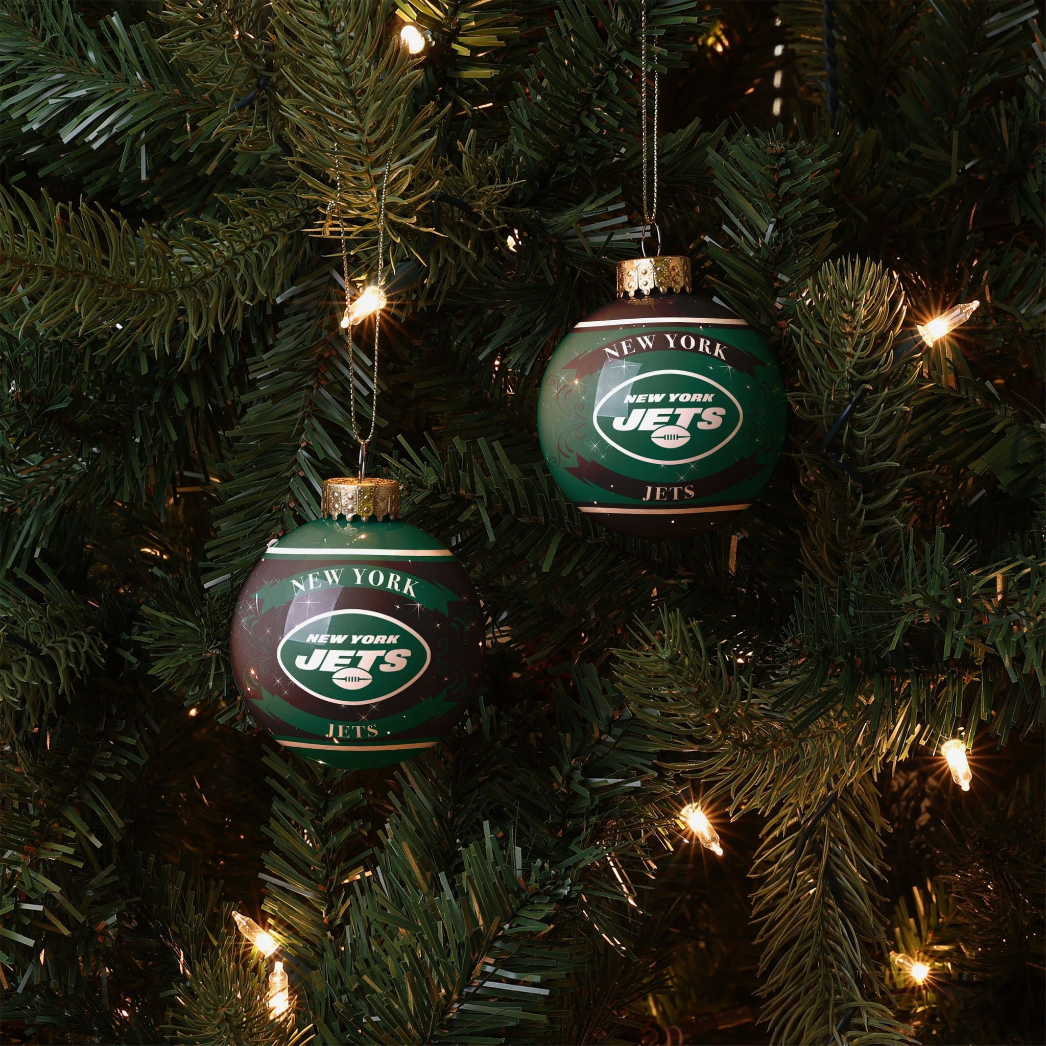 New York Jets NFL 2 Pack Glass Ball Ornament Set