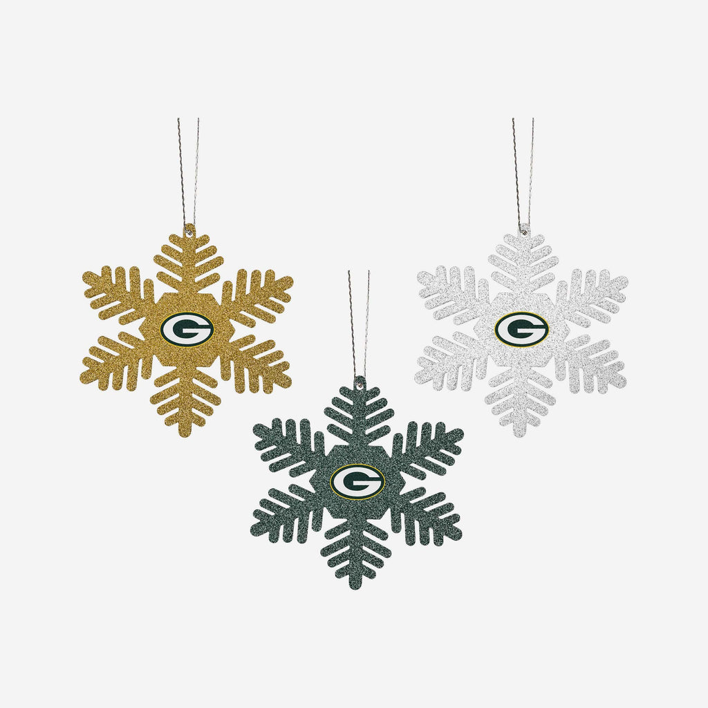 Green Bay Packers 3 Pack Metal Glitter Snowflake Ornament FOCO - FOCO.com