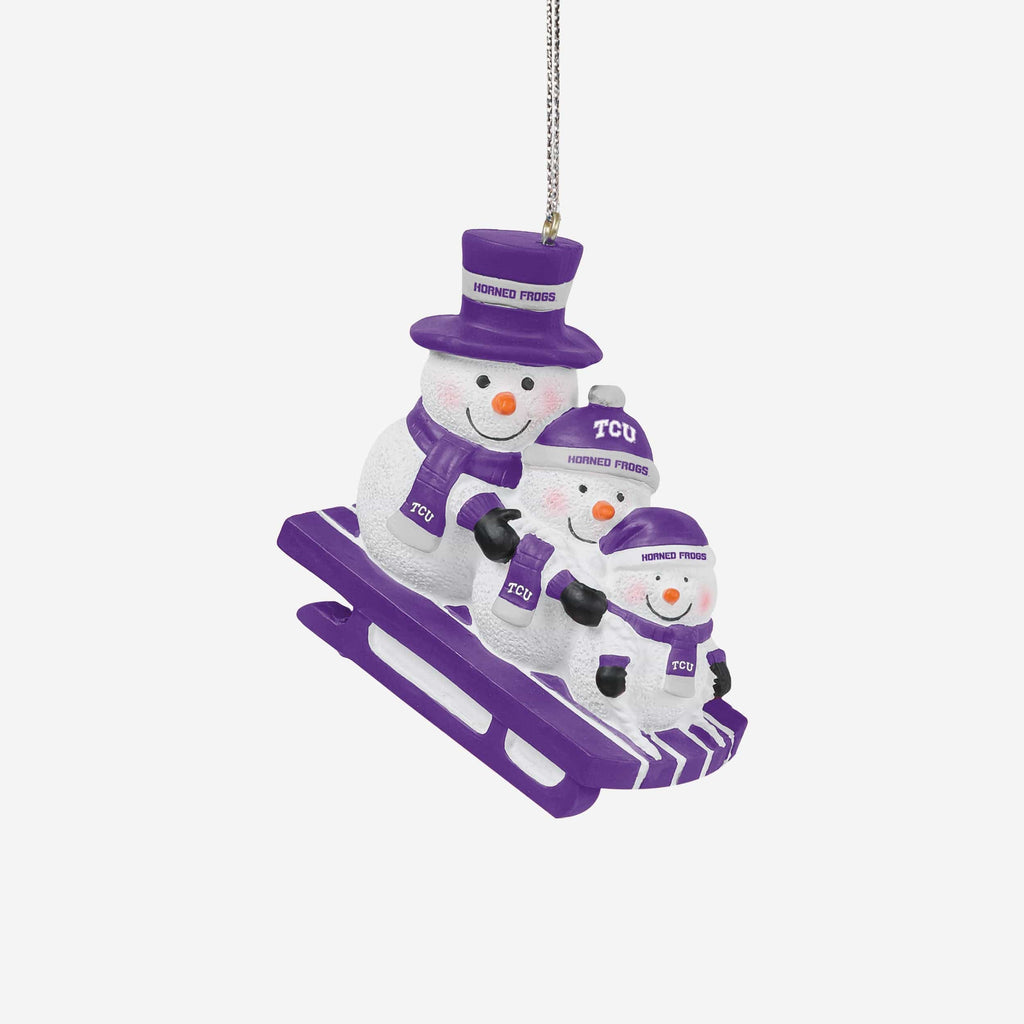 TCU Horned Frogs Sledding Snowmen Ornament FOCO - FOCO.com