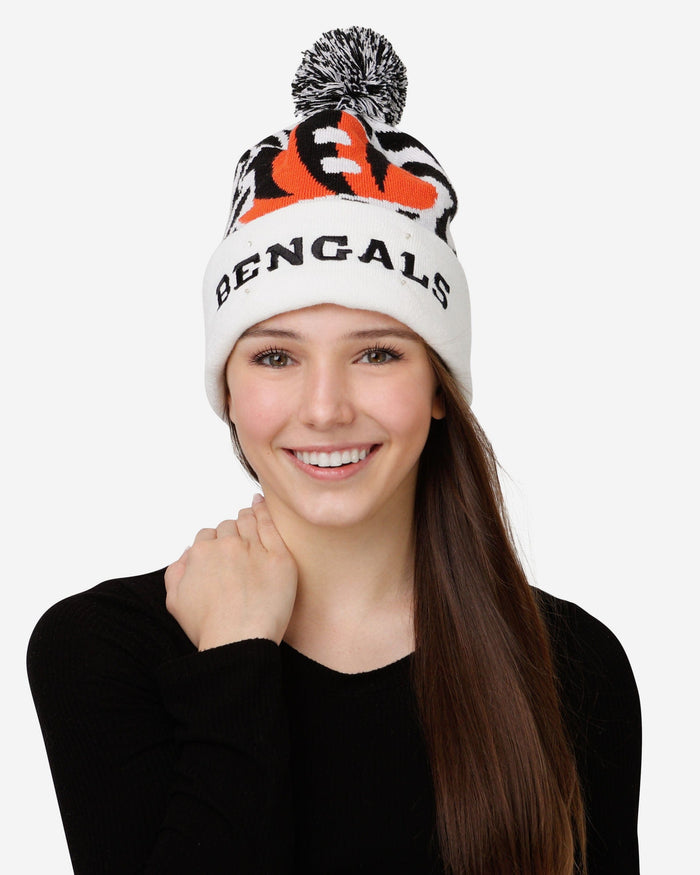 Cincinnati Bengals White Stripe Big Logo Light Up Beanie FOCO - FOCO.com