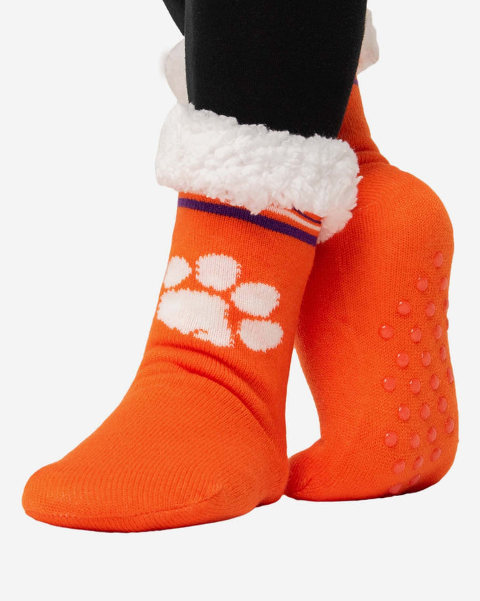 Clemson Tigers Womens Stripe Logo Tall Footy Slipper Socks FOCO - FOCO.com