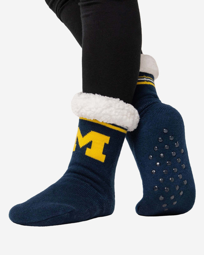 Michigan Wolverines Womens Stripe Logo Tall Footy Slipper Socks FOCO - FOCO.com