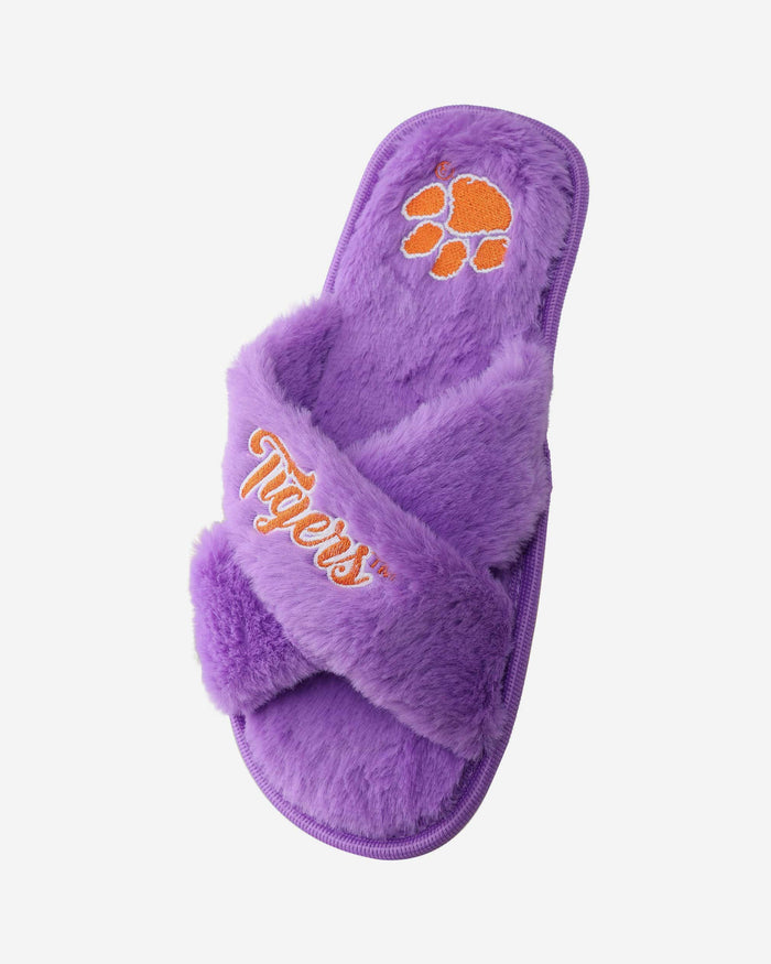 Clemson Tigers Womens Script Wordmark Fur Cross Slide FOCO - FOCO.com