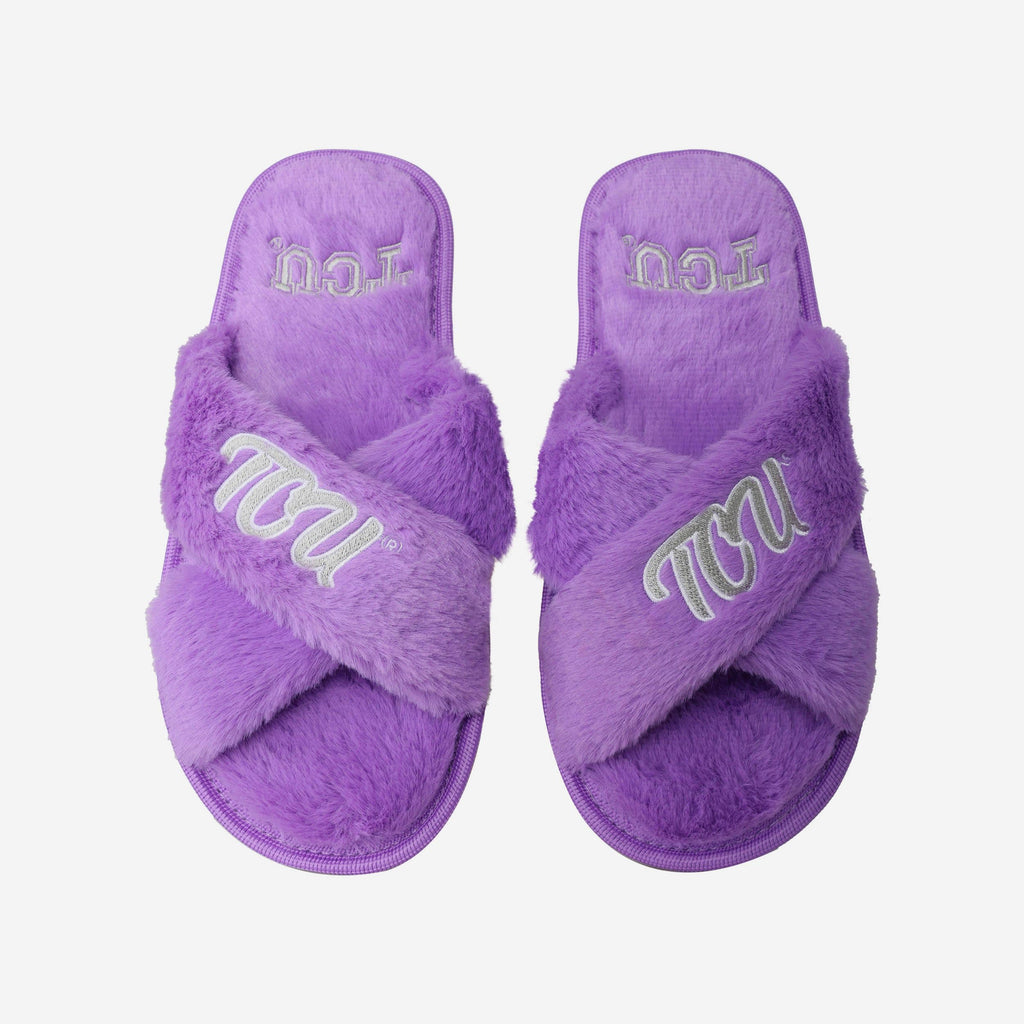 TCU Horned Frogs Womens Script Wordmark Fur Cross Slide FOCO S - FOCO.com