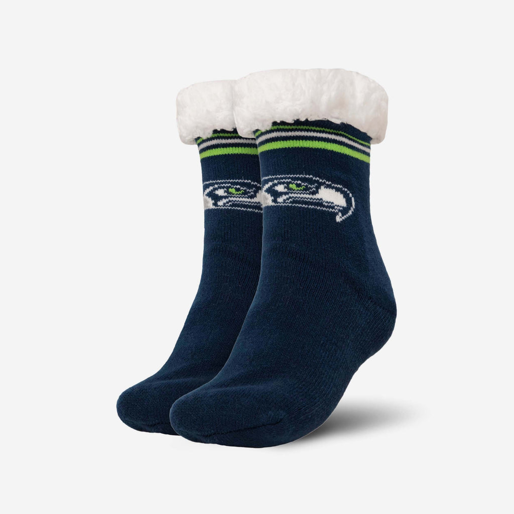 Seattle Seahawks Womens Stripe Logo Tall Footy Slipper Socks FOCO - FOCO.com