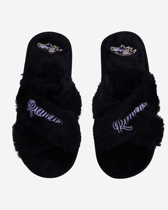 Baltimore Ravens Womens Script Wordmark Fur Cross Slide FOCO S - FOCO.com