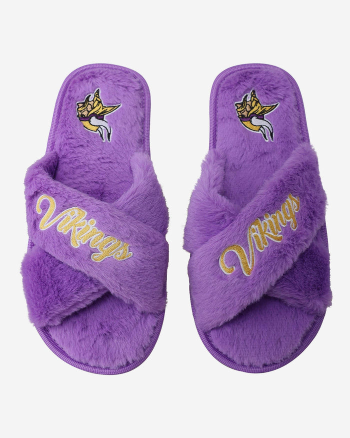 Minnesota Vikings Womens Script Wordmark Fur Cross Slide FOCO S - FOCO.com