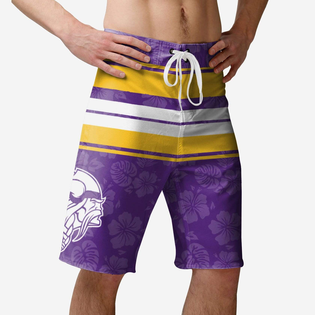 Minnesota Vikings Hibiscus Boardwalk Stripe Boardshorts FOCO S - FOCO.com