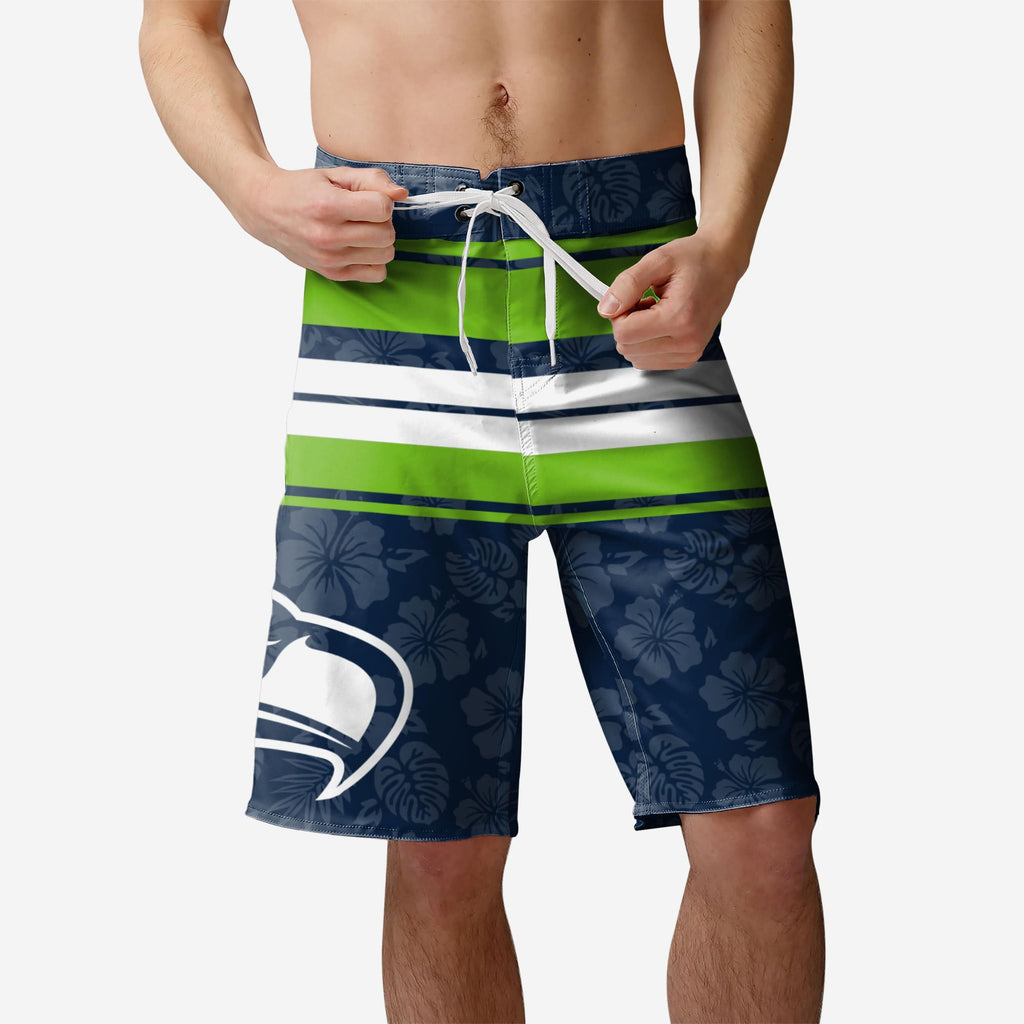 Seattle Seahawks Hibiscus Boardwalk Stripe Boardshorts FOCO S - FOCO.com