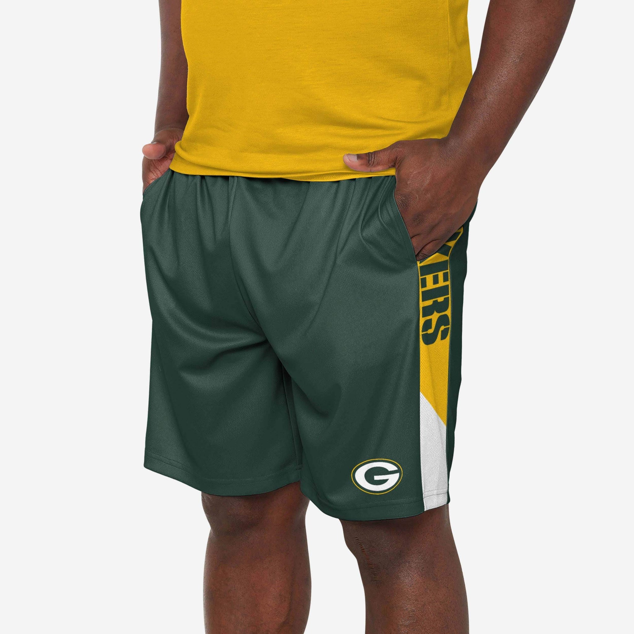 FOCO Green Bay Packers NFL Mens Colorblock Double Down Liner Training Shorts