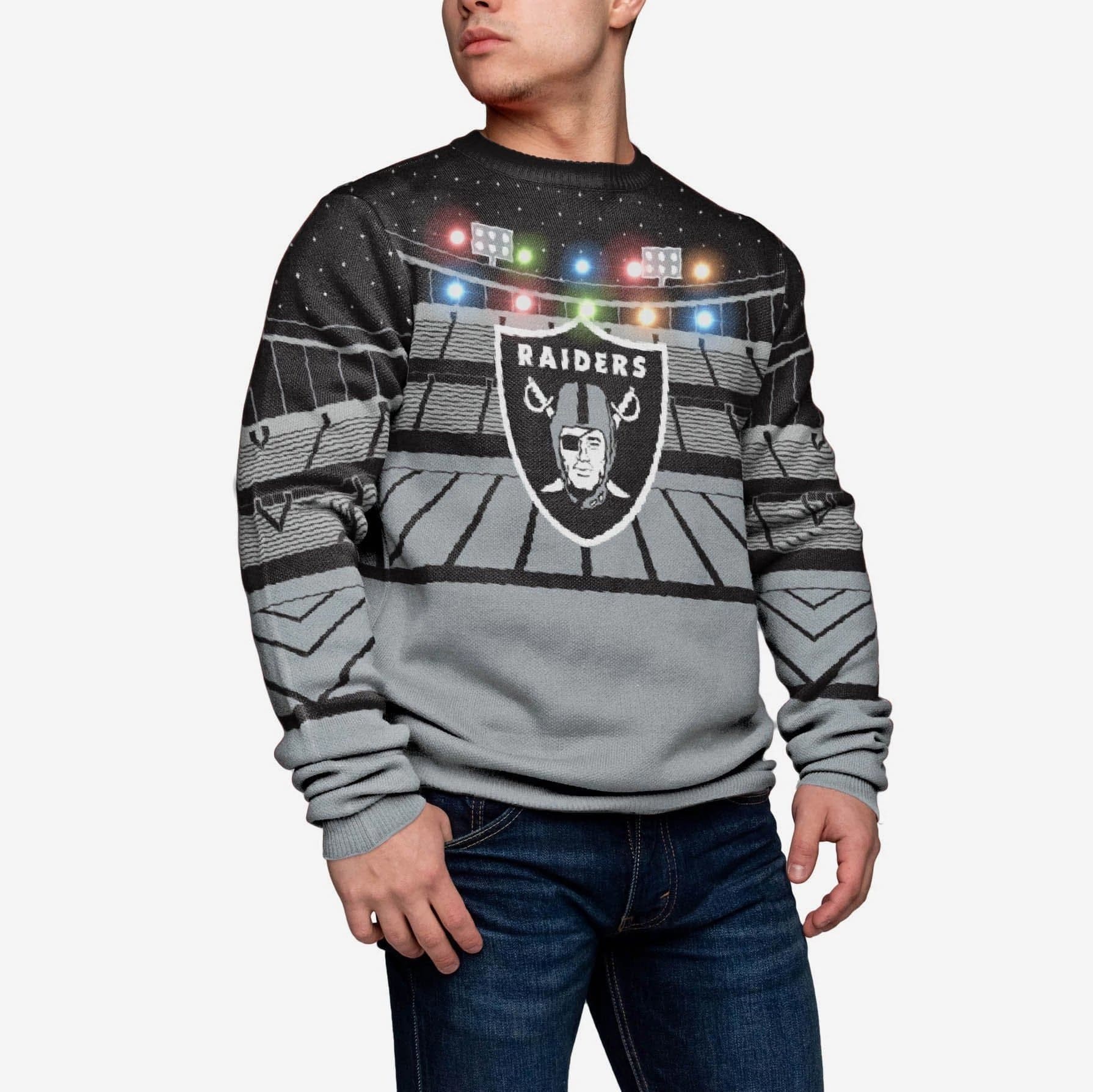 Men's Black/Silver Oakland Raiders Light Up Ugly Sweater