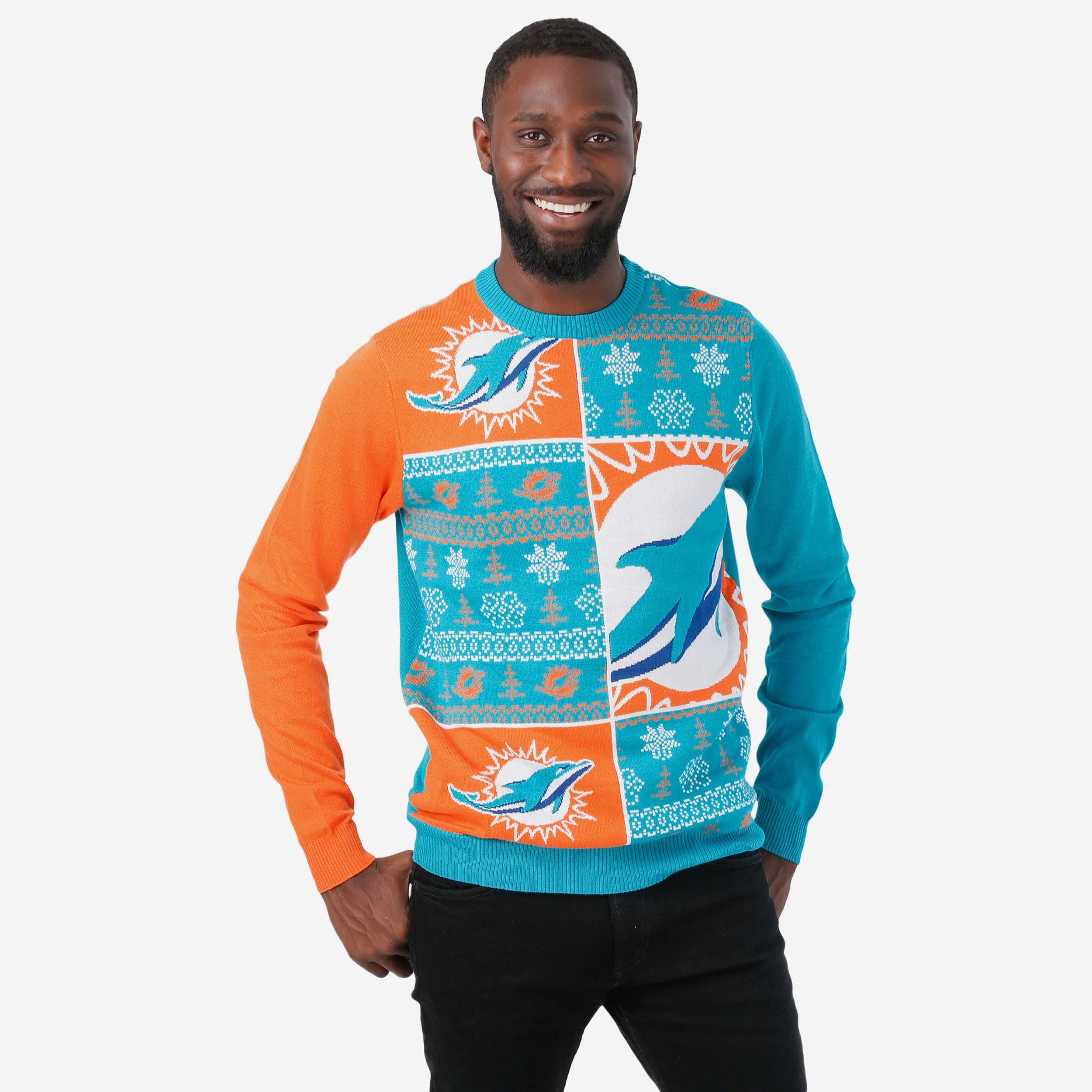 Team Logo Snowflake Pattern Miami Dolphins Ugly Christmas Sweater For Fans